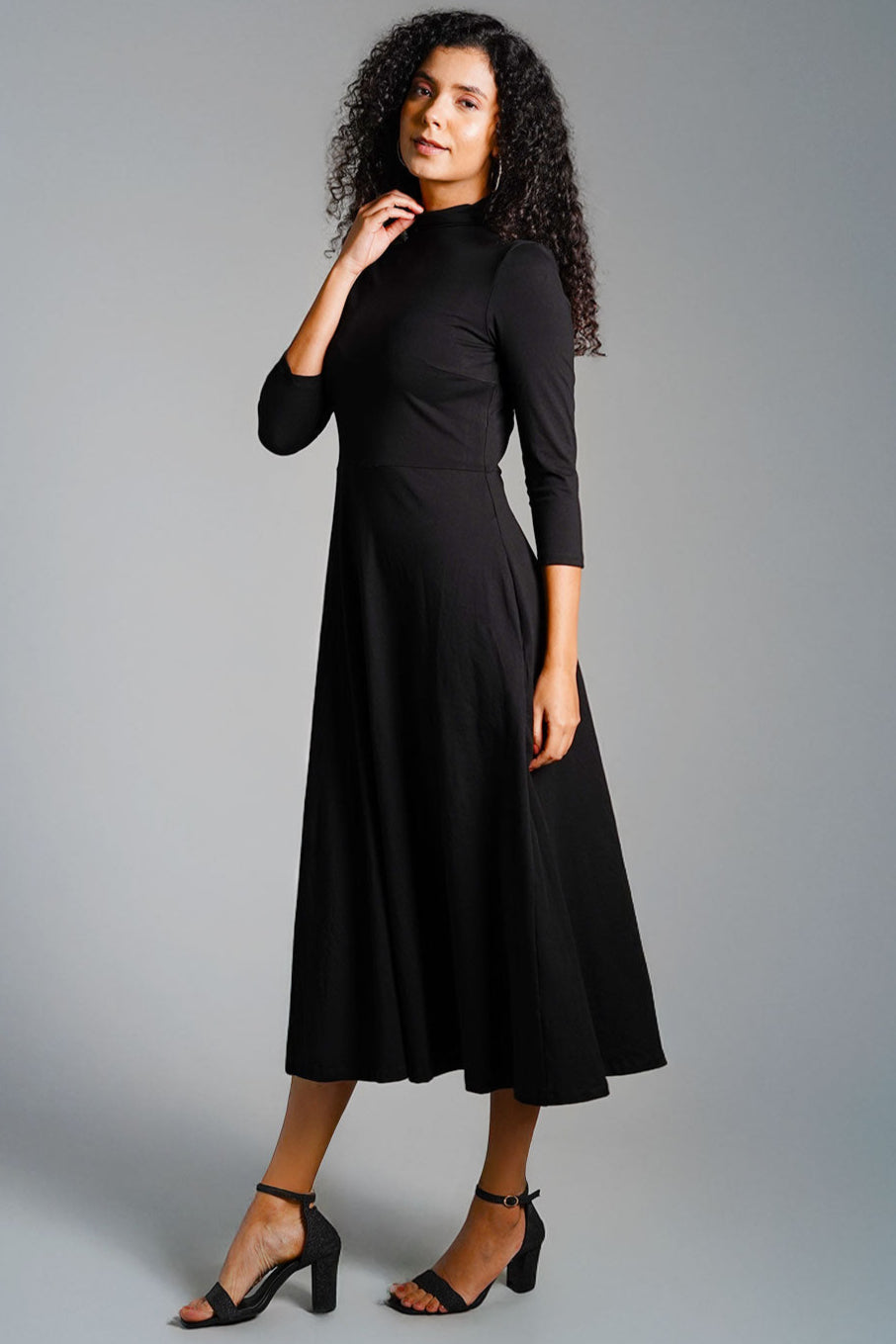 Black High Neck Jersey Knit A-Line Dress