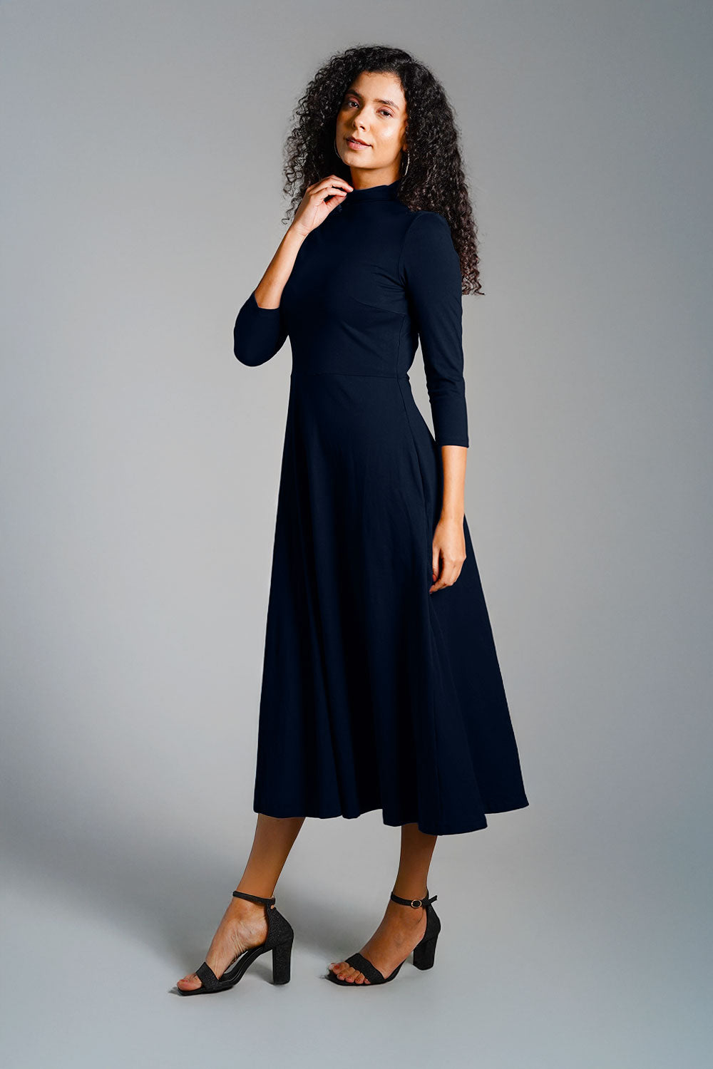 Navy High Neck Jersey Knit A-Line Dress