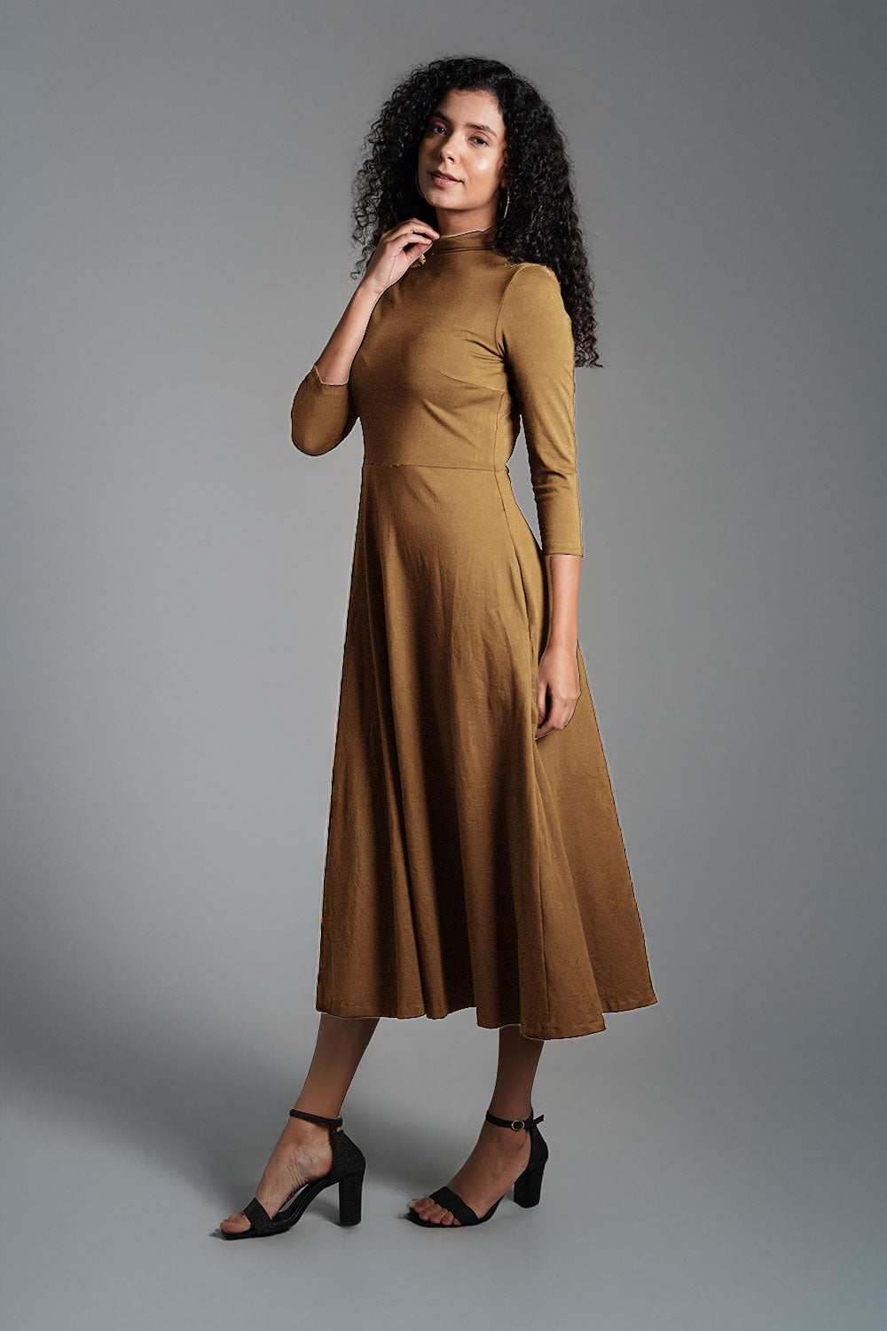 Beige High Neck Jersey Knit A-Line Dress