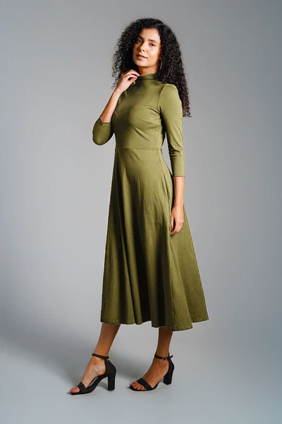 Olive High Neck Jersey Knit A-Line Dress