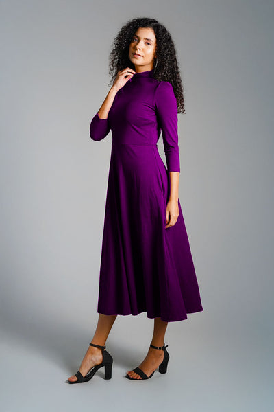 Purple High Neck Jersey Knit A-Line Dress