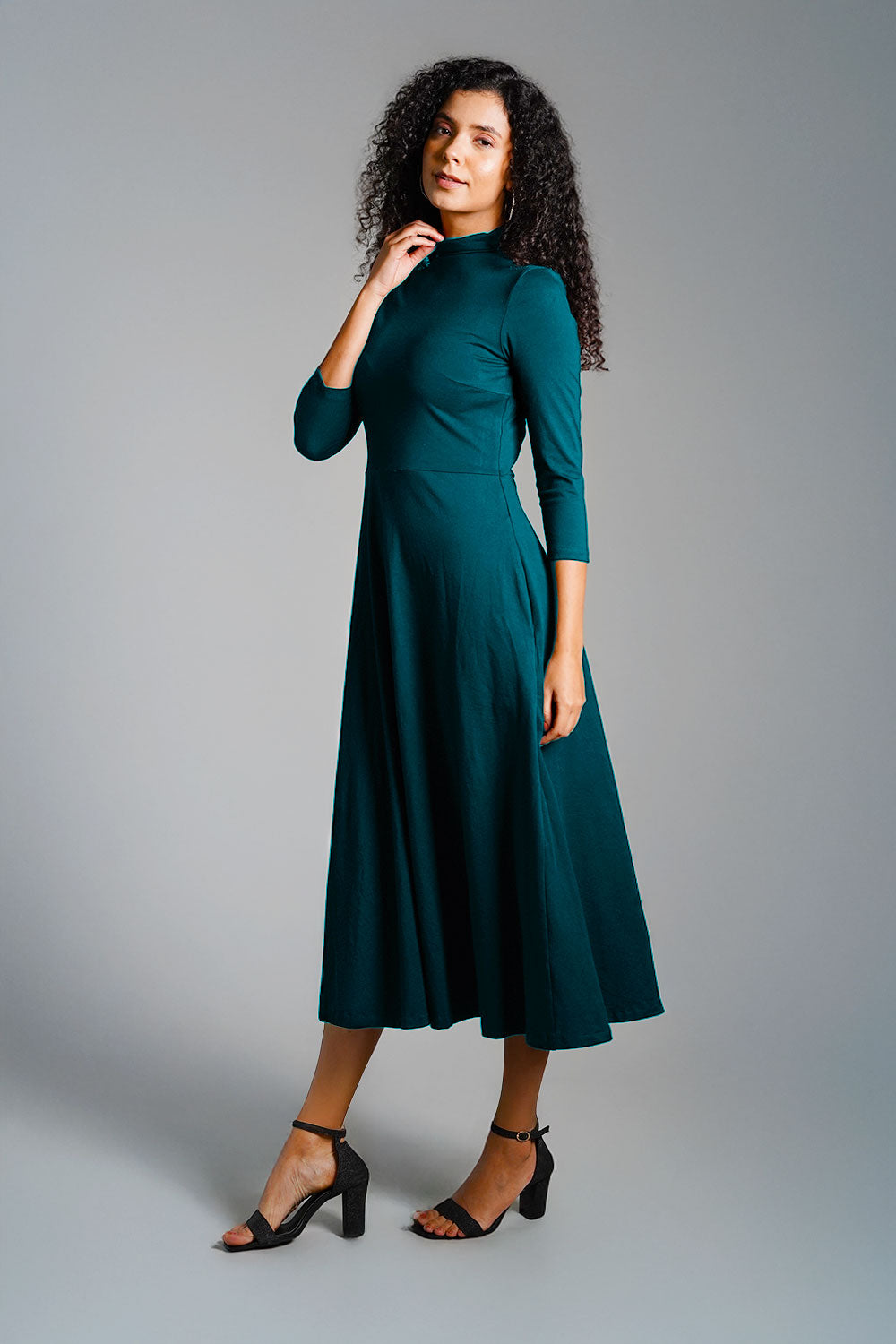 Tea High Neck Jersey Knit A-Line Dress