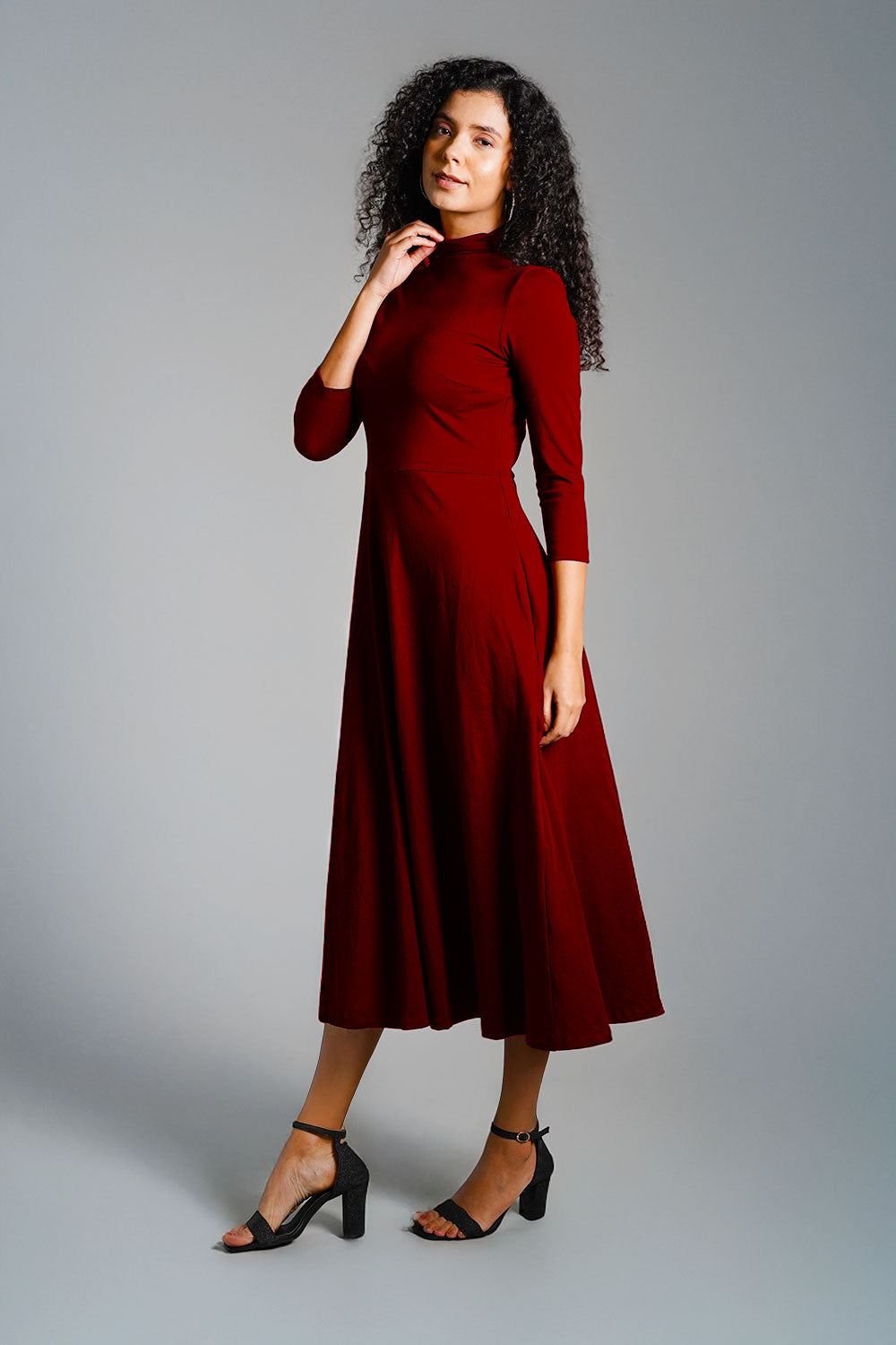 Maroon High Neck Jersey Knit A-Line Dress