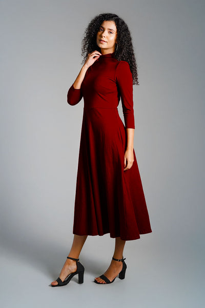 Maroon High Neck Jersey Knit A-Line Dress