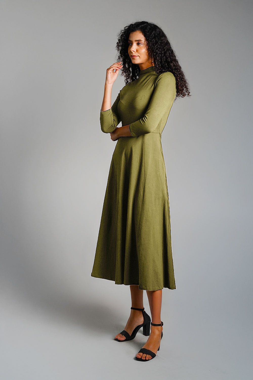 Olive High Neck Jersey Knit A-Line Dress