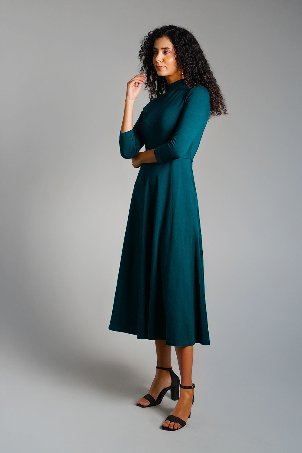 Tea High Neck Jersey Knit A-Line Dress