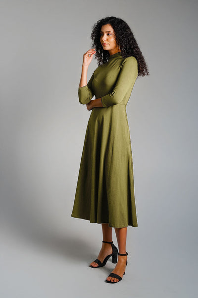 Olive High Neck Jersey Knit A-Line Dress