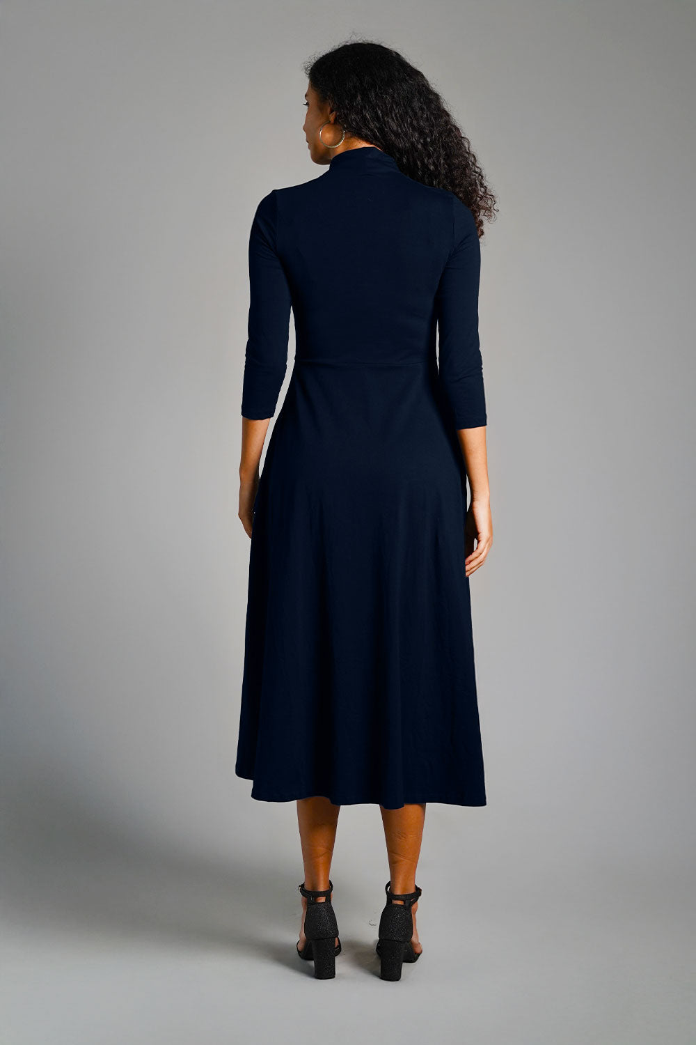 Navy High Neck Jersey Knit A-Line Dress