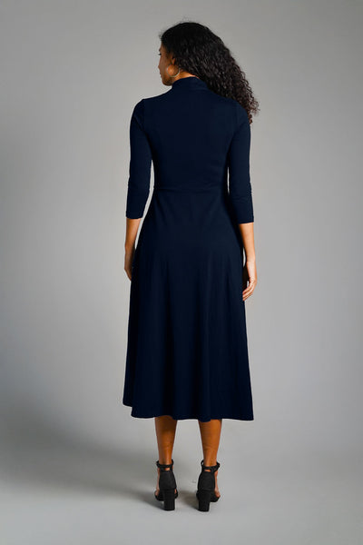 Navy High Neck Jersey Knit A-Line Dress