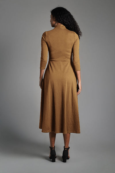 Beige High Neck Jersey Knit A-Line Dress