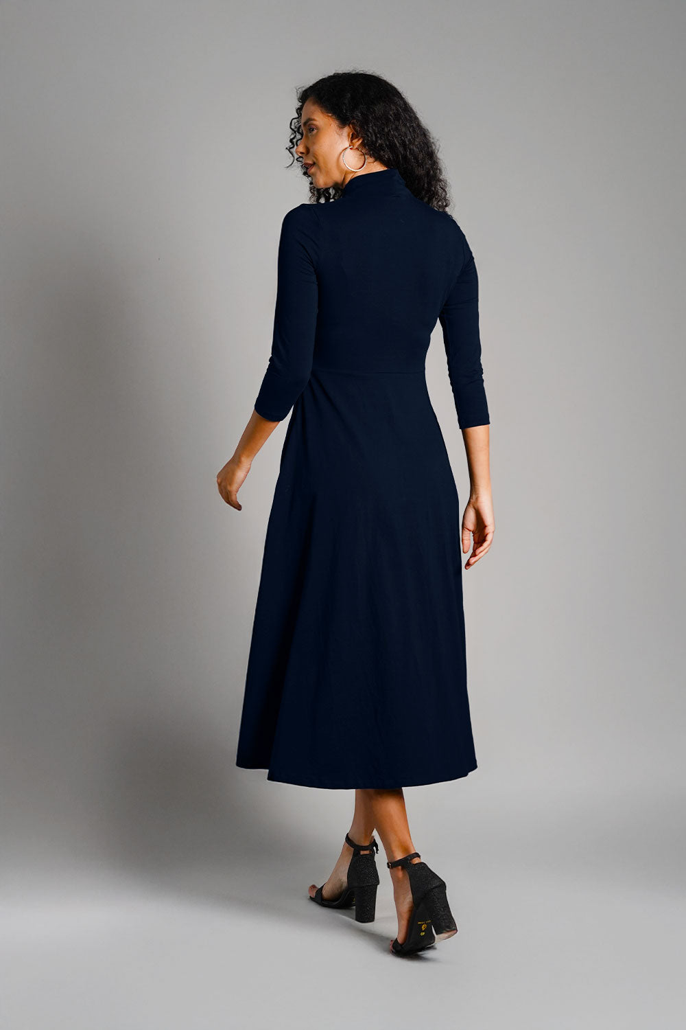 Navy High Neck Jersey Knit A-Line Dress