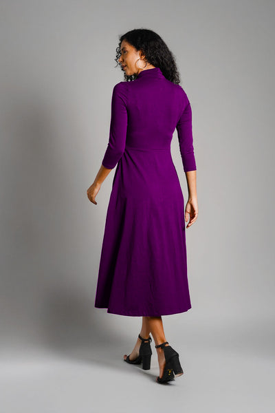 Purple High Neck Jersey Knit A-Line Dress