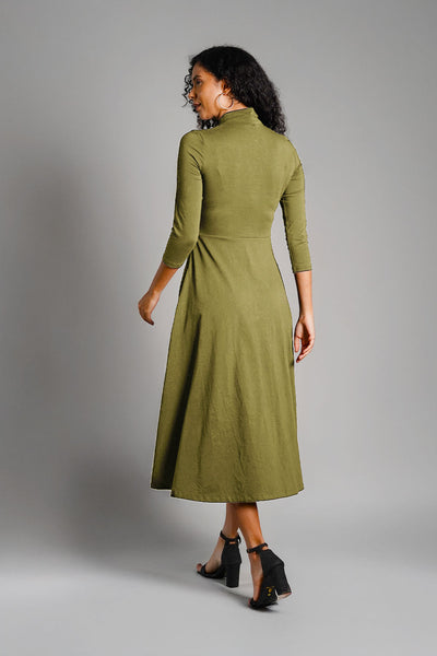 Olive High Neck Jersey Knit A-Line Dress
