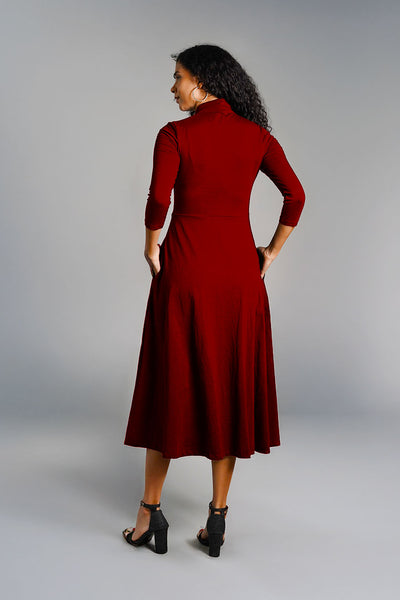 Maroon High Neck Jersey Knit A-Line Dress