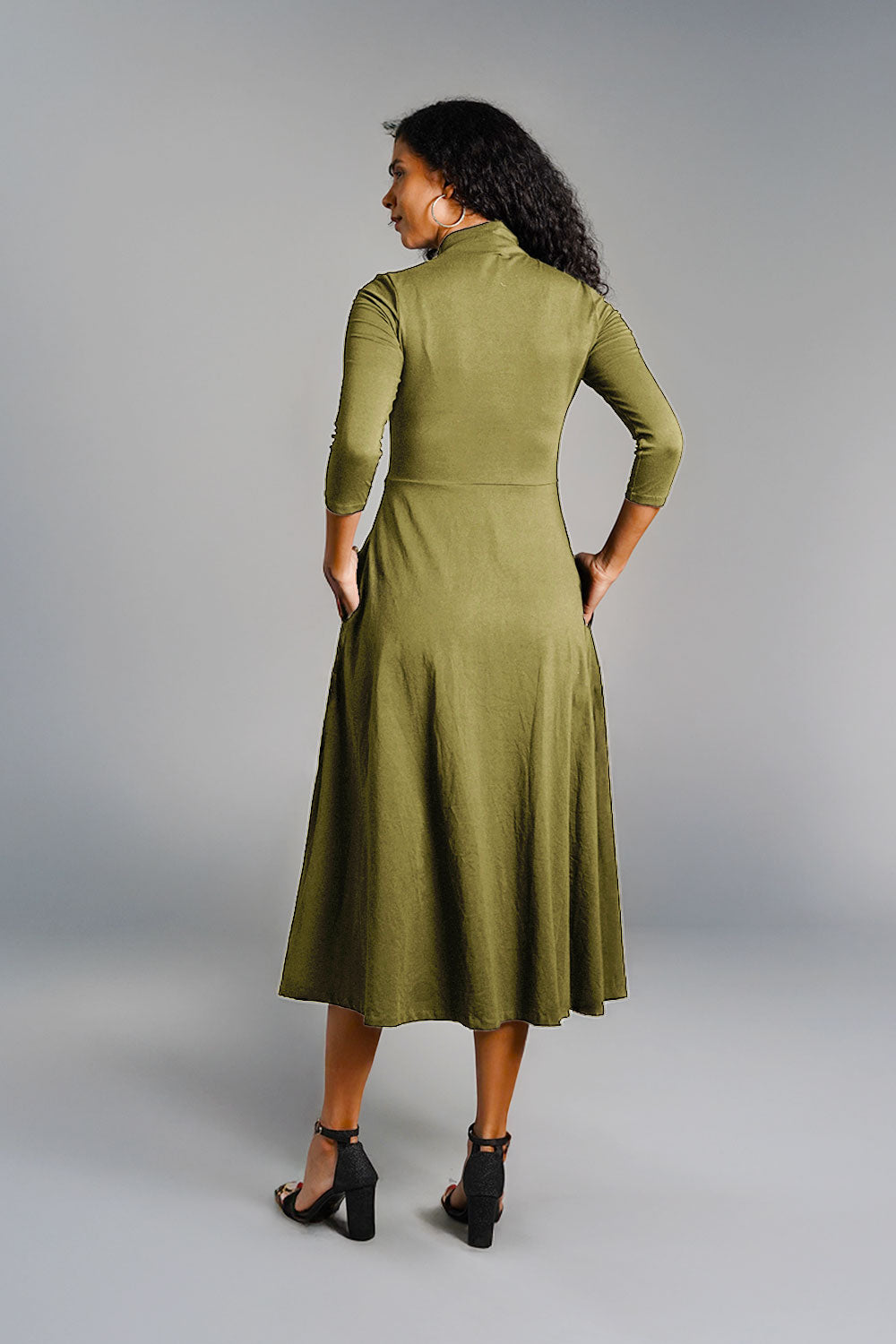 Olive High Neck Jersey Knit A-Line Dress