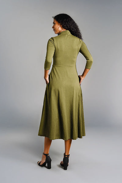 Olive High Neck Jersey Knit A-Line Dress