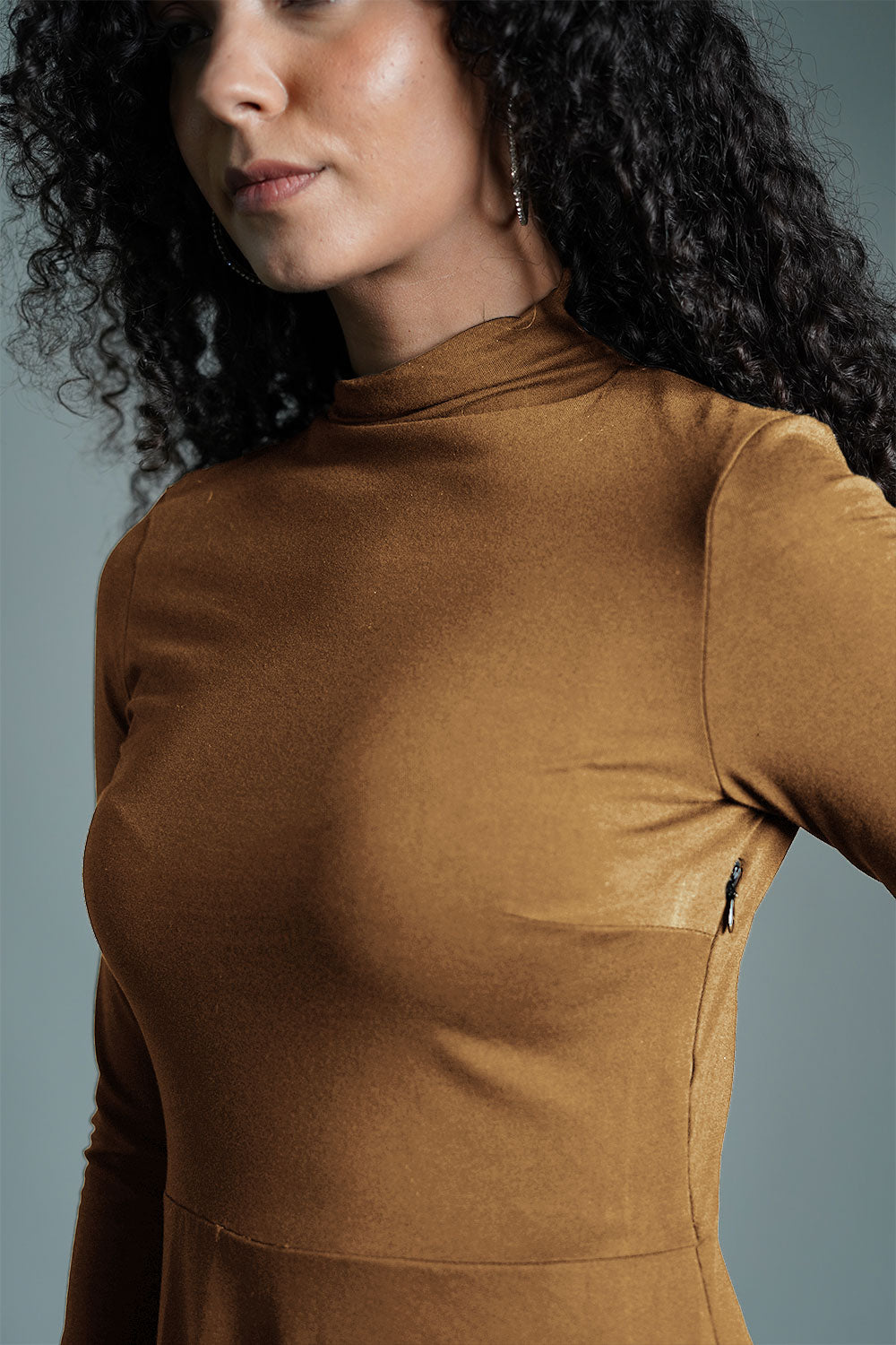 Beige High Neck Jersey Knit A-Line Dress