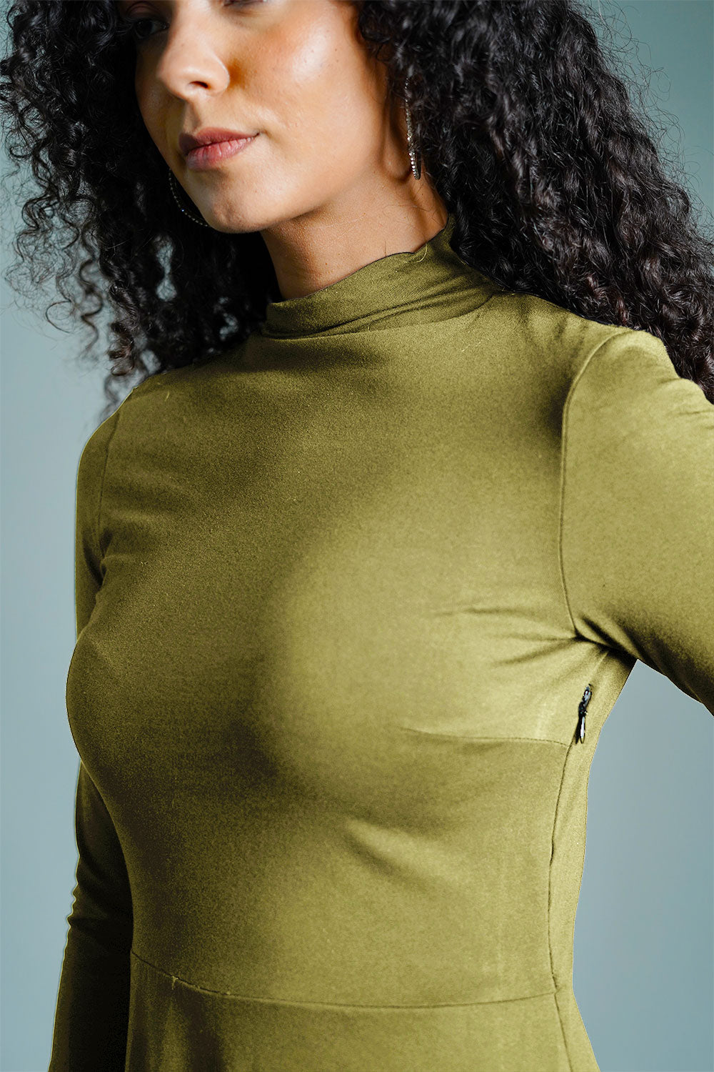 Olive High Neck Jersey Knit A-Line Dress