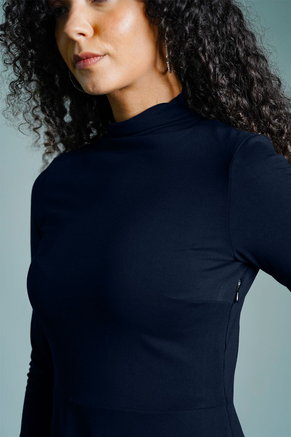 Navy High Neck Jersey Knit A-Line Dress