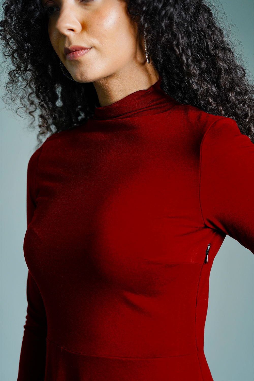 Maroon High Neck Jersey Knit A-Line Dress