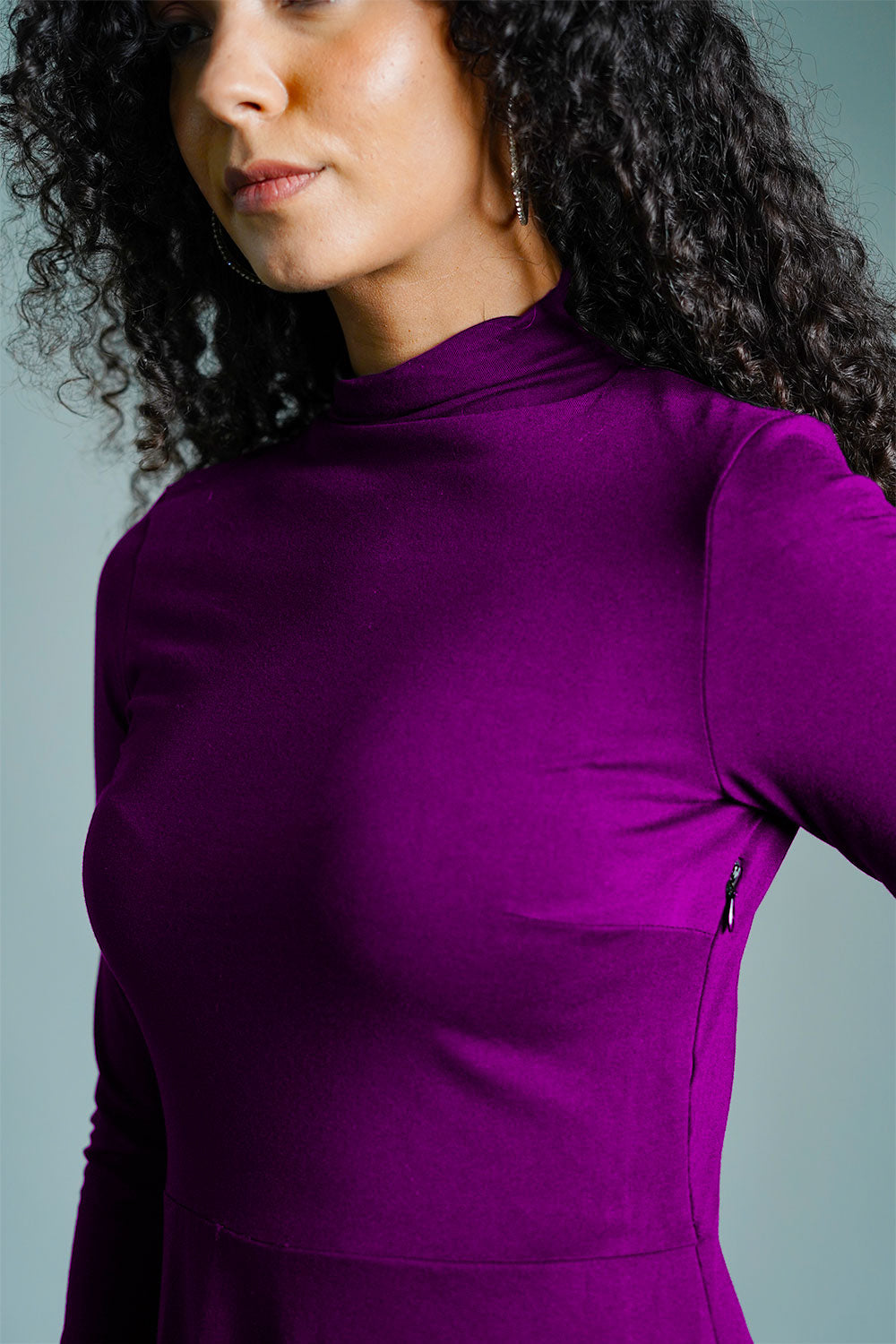Purple High Neck Jersey Knit A-Line Dress