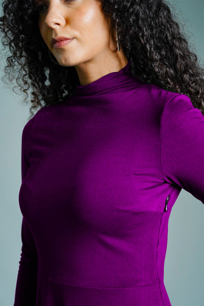 Purple High Neck Jersey Knit A-Line Dress