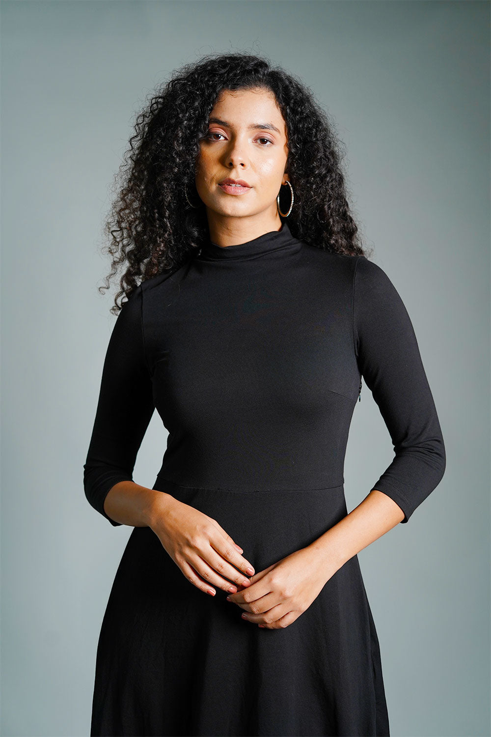 Black High Neck Jersey Knit A-Line Dress