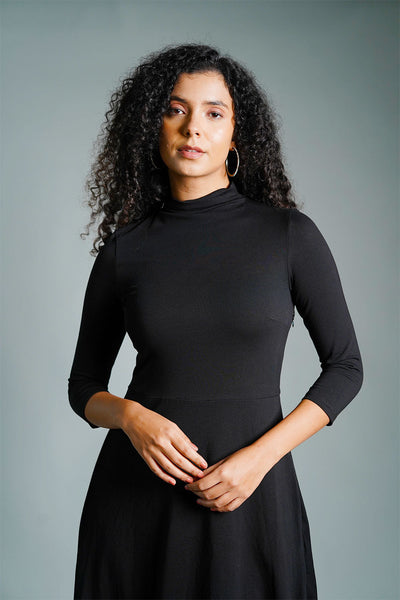 Black High Neck Jersey Knit A-Line Dress