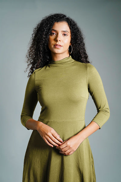 Olive High Neck Jersey Knit A-Line Dress