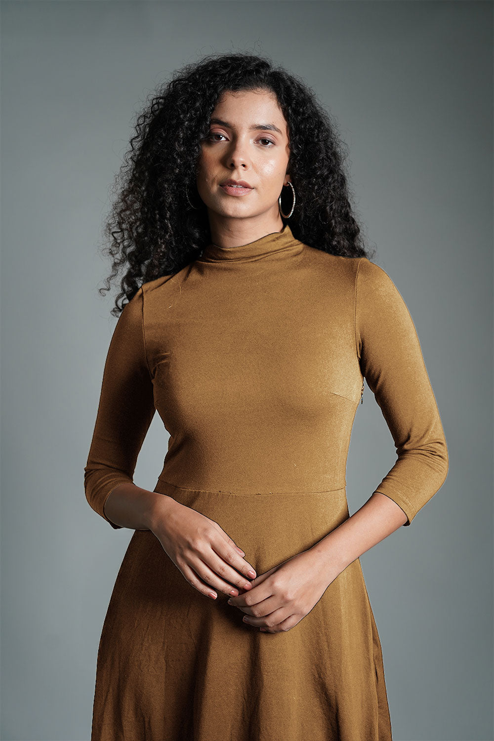 Beige High Neck Jersey Knit A-Line Dress