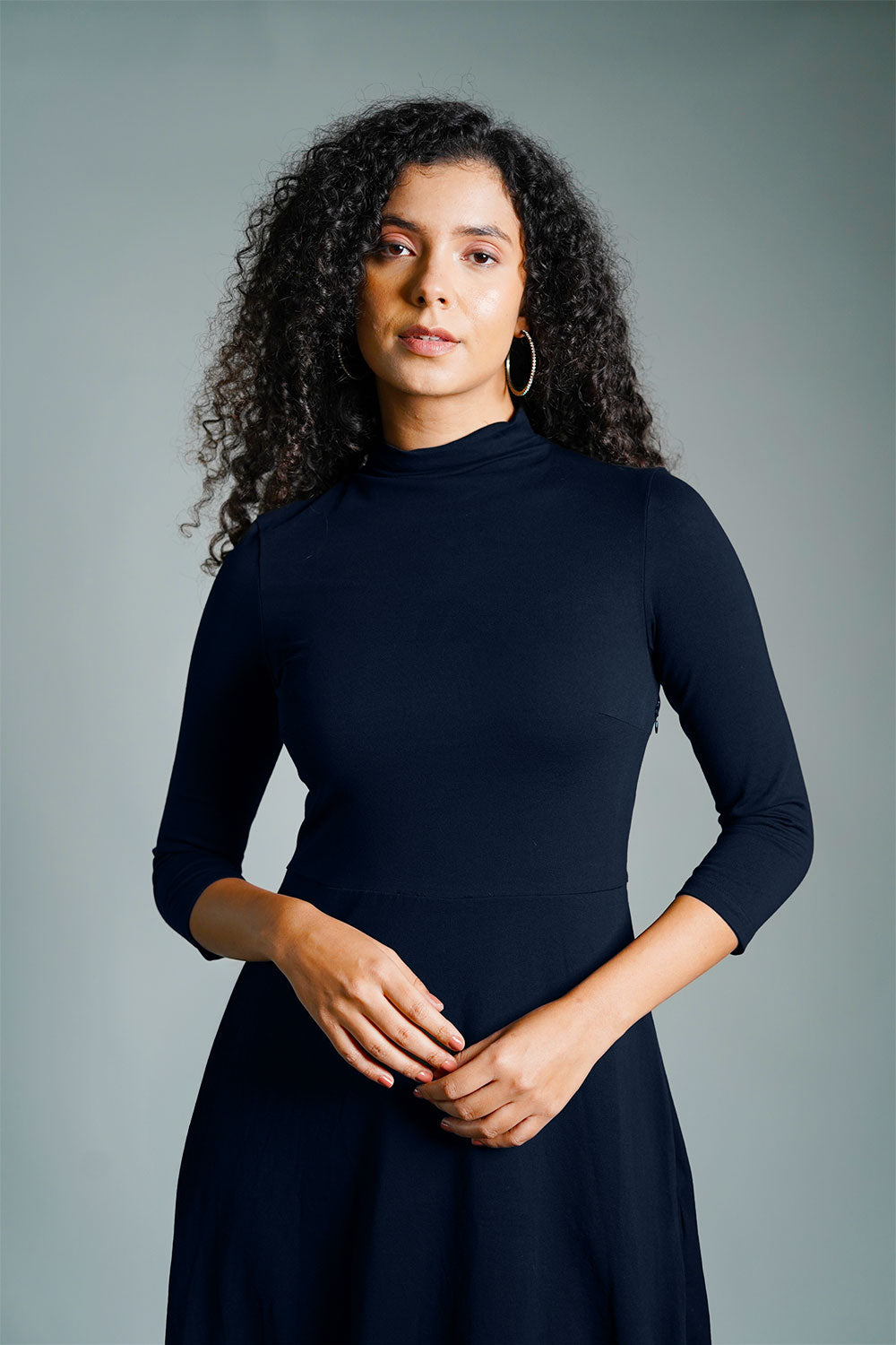 Navy High Neck Jersey Knit A-Line Dress
