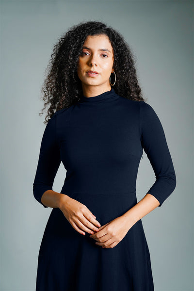 Navy High Neck Jersey Knit A-Line Dress