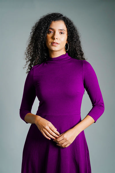 Purple High Neck Jersey Knit A-Line Dress