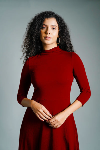 Maroon High Neck Jersey Knit A-Line Dress