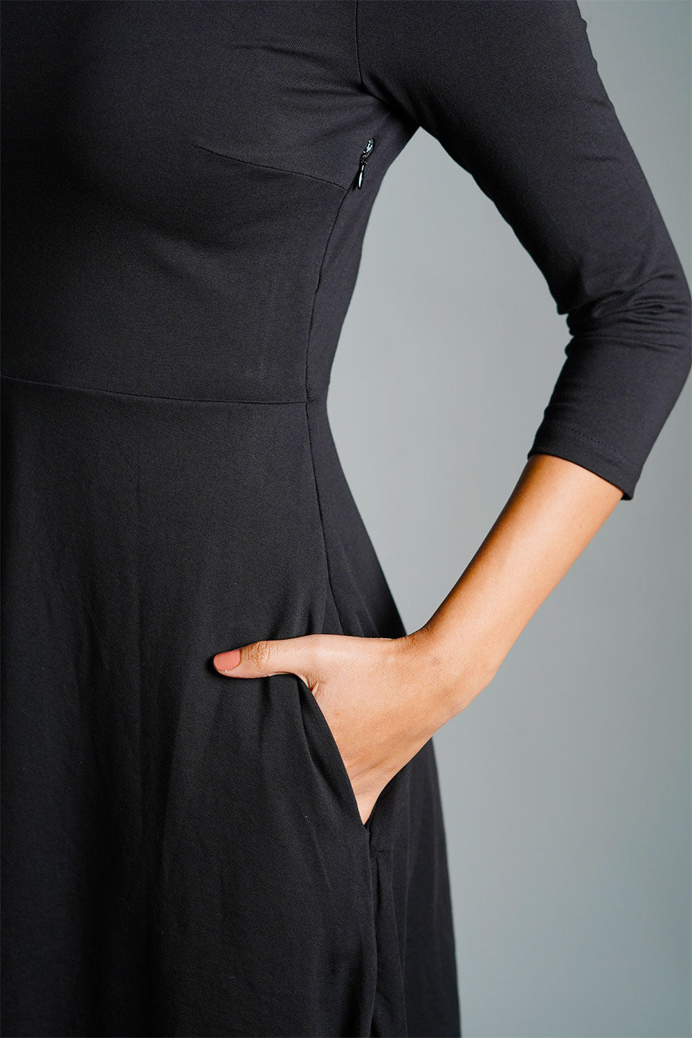 Black High Neck Jersey Knit A-Line Dress
