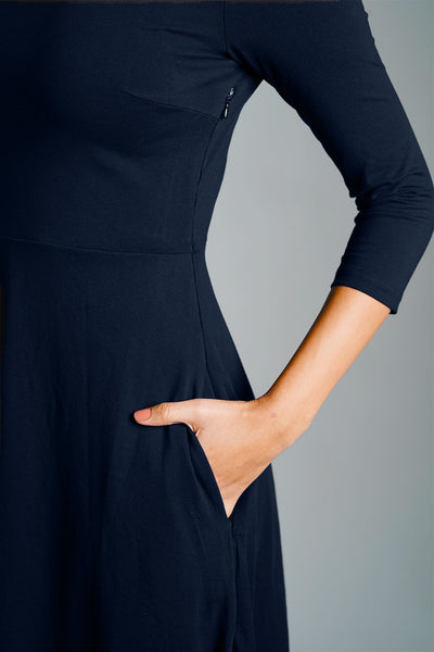 Navy High Neck Jersey Knit A-Line Dress