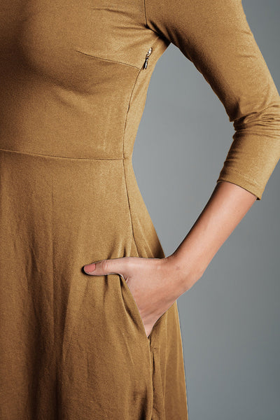 Beige High Neck Jersey Knit A-Line Dress