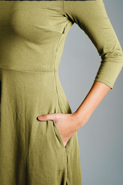Olive High Neck Jersey Knit A-Line Dress