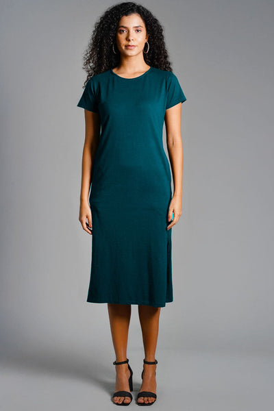 Teal Cotton Jersey Vented Shift Dress
