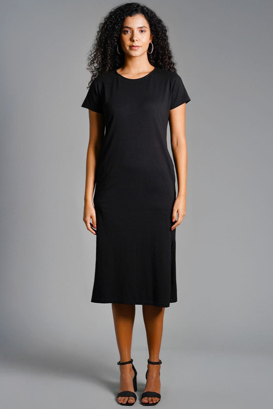 Black Cotton Jersey Vented Shift Dress