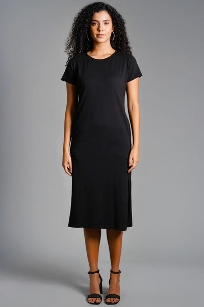 Black Cotton Jersey Vented Shift Dress