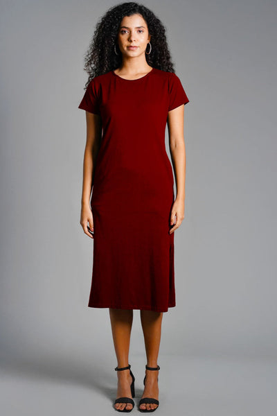 Maroon Cotton Jersey Vented Shift Dress