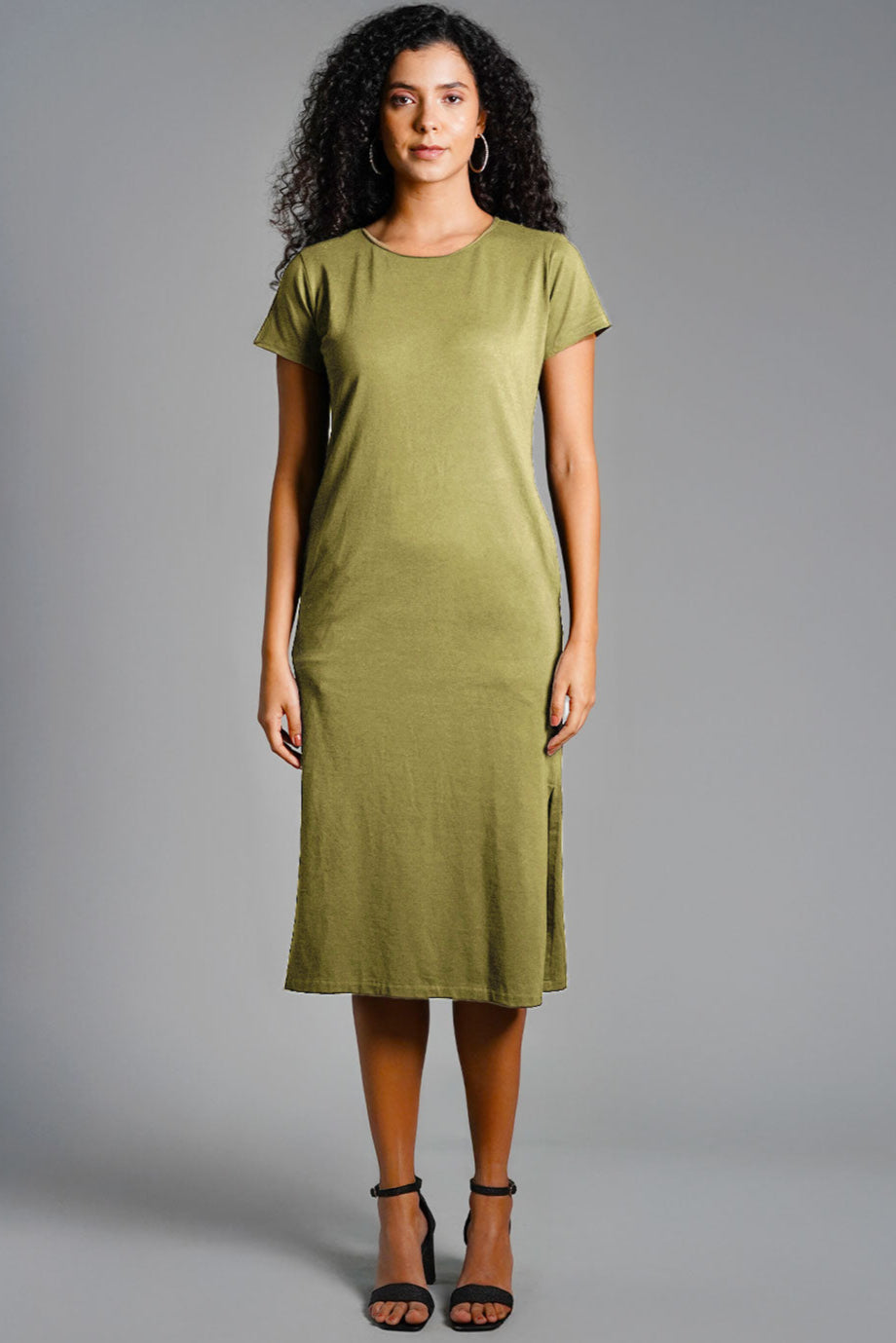 Olive Cotton Jersey Vented Shift Dress