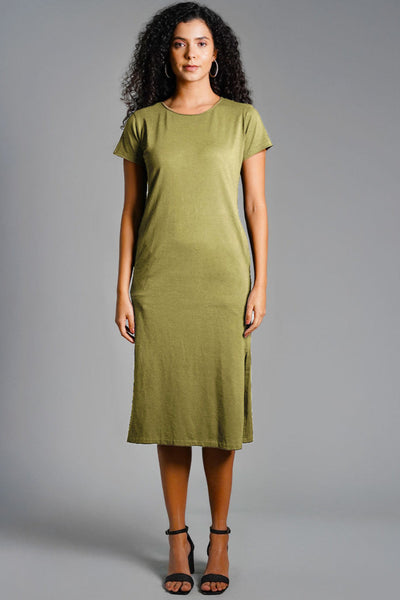 Olive Cotton Jersey Vented Shift Dress