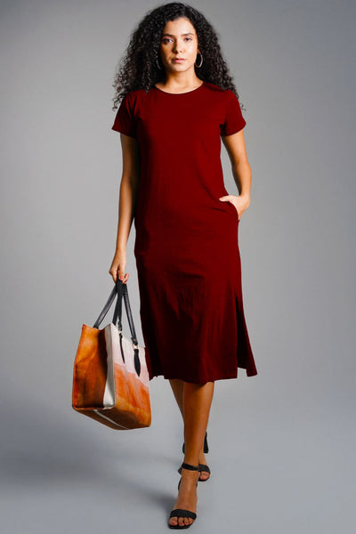 Maroon Cotton Jersey Vented Shift Dress