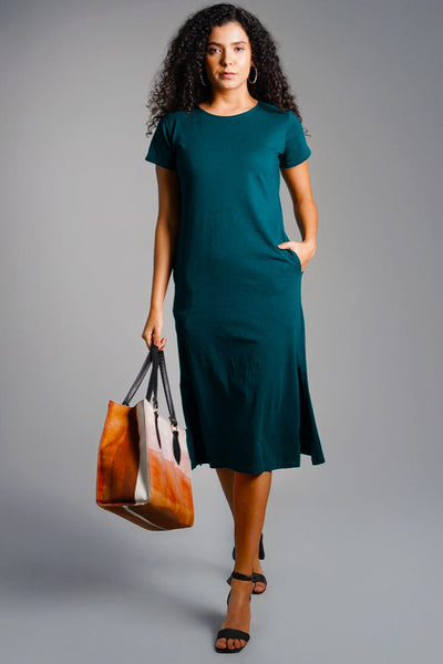 Teal Cotton Jersey Vented Shift Dress
