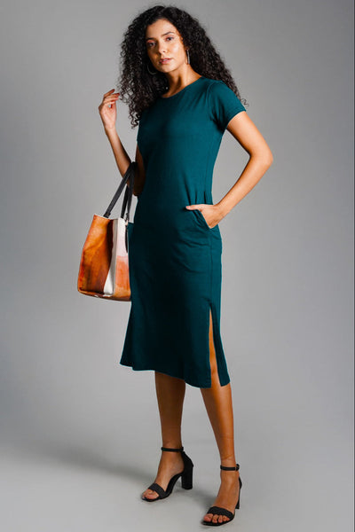 Teal Cotton Jersey Vented Shift Dress