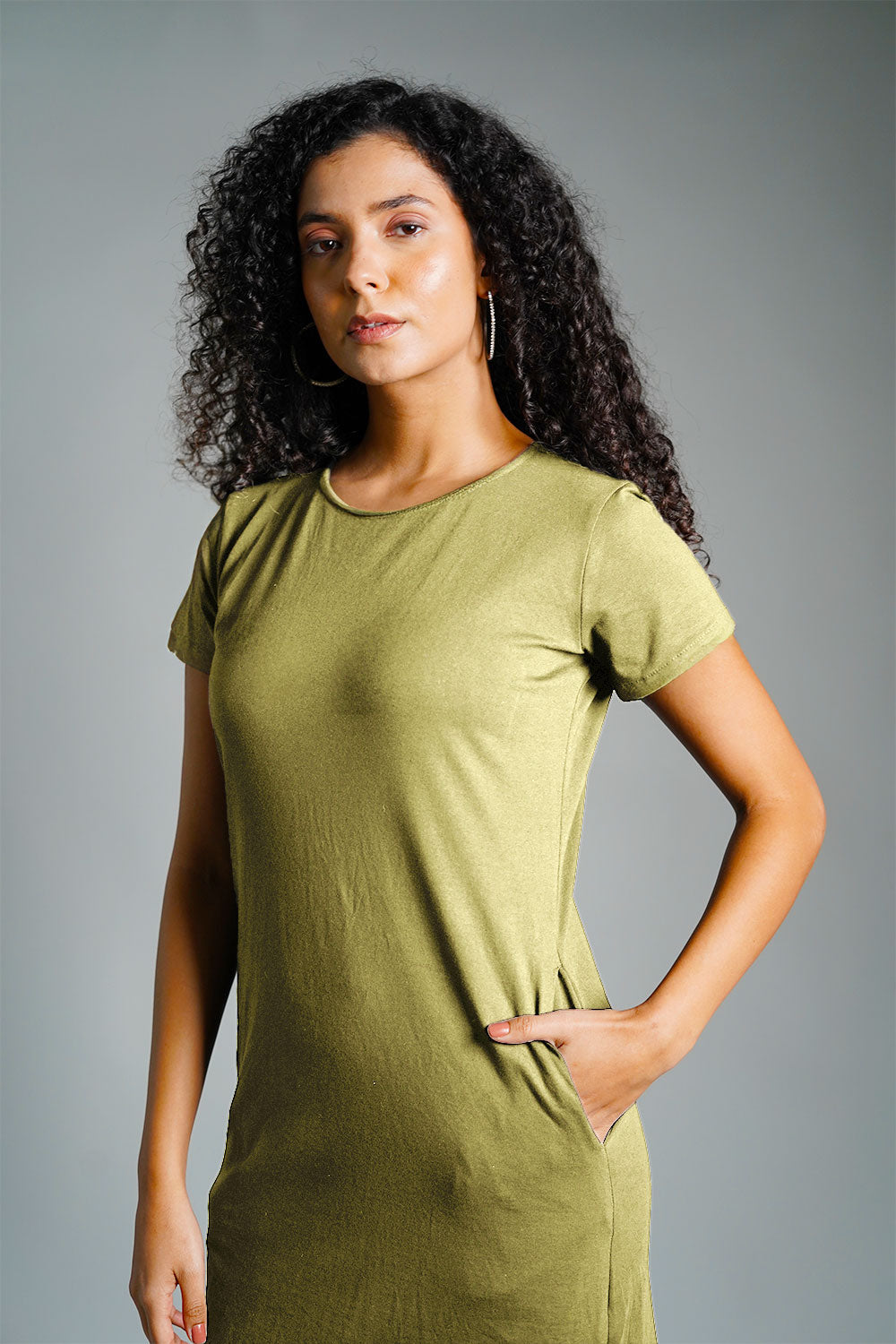 Olive Cotton Jersey Vented Shift Dress