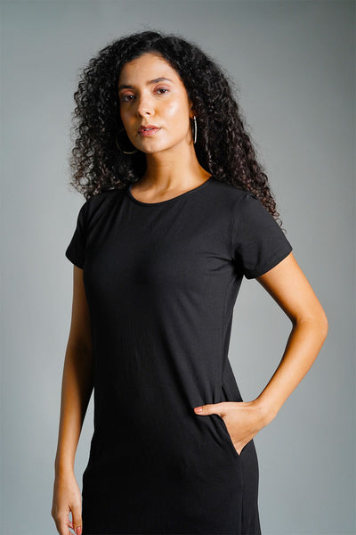Black Cotton Jersey Vented Shift Dress