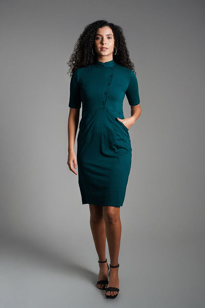 Faux Button Front Teal Cotton Jersey Sheath Dress
